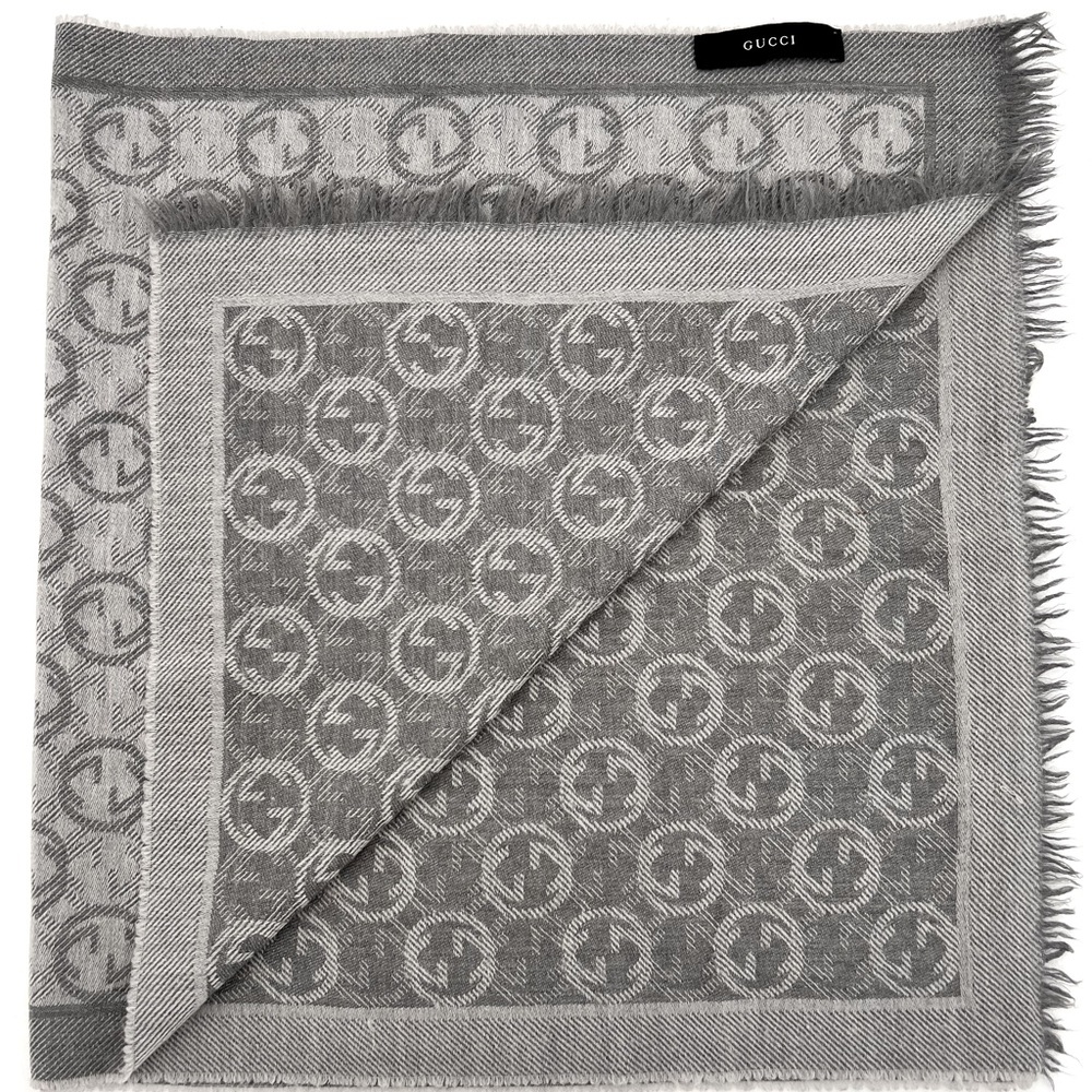 Authentic Gucci Grey 100% Wool GG Monogram Scarf